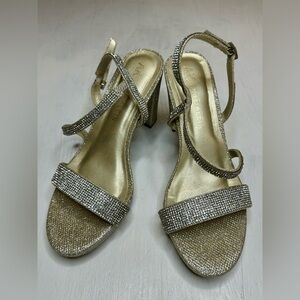 Anne Klein Gold Rhinestone Block Heel Sandals 7.5 M Ankle Strap Dress Shoes
